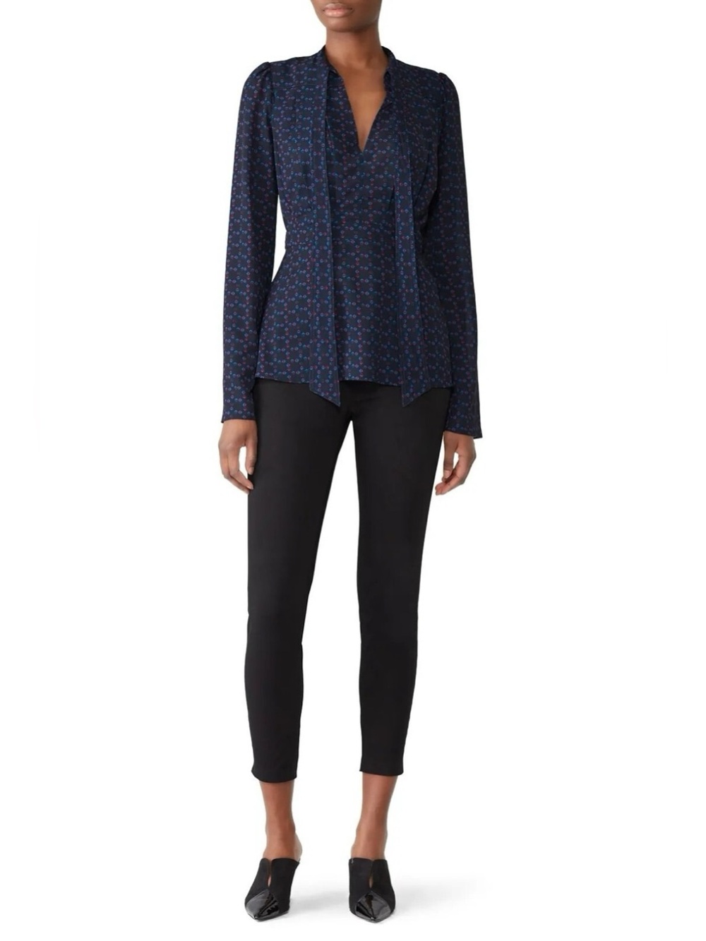 Derek Lam Collective Blue Print Tie Neck Chiffon Blouse Women Size L